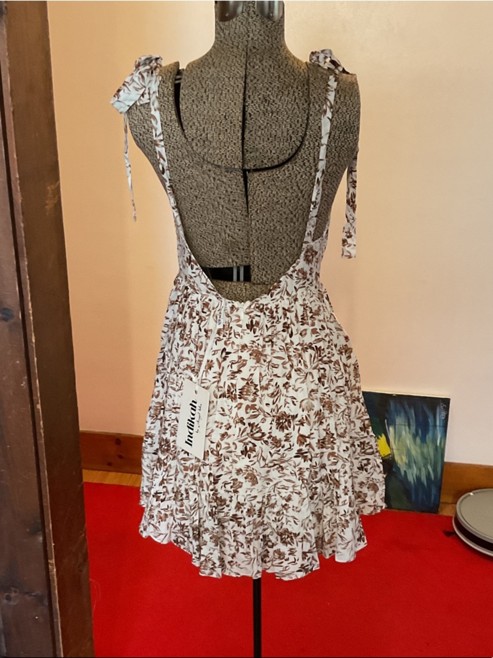 Floral Tie-Shoulder Mini Dress in Cream and Brown - Picture 2 of 6